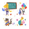 Back to school animals flat. Set of school animals. Cute cartoon pupil characters writing, studying and reading books. Royalty Free Stock Photo