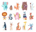 Back to school animals. Young funny zoo characters school items elephant rabbit bear fox squirrel backpack books vector