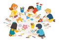 Happy Children draw pictures and paints on floor. Royalty Free Stock Photo