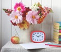 Back to school. autumn composition with a bouquet of dahlias Royalty Free Stock Photo