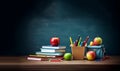 Back to school background with books and apple over blackboard. School bag and stuff on cork blackboard background with Royalty Free Stock Photo