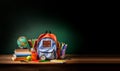 Back to school background with books and apple over blackboard. School bag and stuff on cork blackboard background with Royalty Free Stock Photo