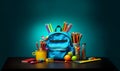 Back to school background with books and apple over blackboard. School bag and stuff on cork blackboard background with Royalty Free Stock Photo