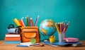 Back to school background with books and apple over blackboard. School bag and stuff on cork blackboard background with Royalty Free Stock Photo