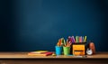 Back to school background with books and apple over blackboard. School bag and stuff on cork blackboard background with Royalty Free Stock Photo