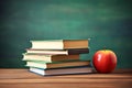 Back to school background with books and apple over blackboard. Stack of school books on the table. AI Generated Royalty Free Stock Photo