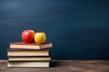 Back to school background with books and apples over blackboard. Stack of school books on the table. AI Generated Royalty Free Stock Photo