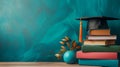 Back to School Background with Books and Hat Over Blackboard Royalty Free Stock Photo