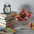 Back to school background with books, mug and apple over white background Royalty Free Stock Photo