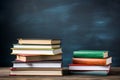 Back to school background with books over blackboard. Stack of school books on the table. School template. AI Generated Royalty Free Stock Photo