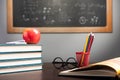 Back to school background with books, pencils and apple Royalty Free Stock Photo