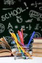 Back to school background with books, pencils and globe on white table on a green blackboard background Royalty Free Stock Photo