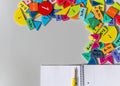 back to school background. colorful math fractions and notebook on the table. Mathematics and geometry in preschool and school