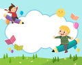 Back to school background concept with happy school kids riding a flying pencil in the sky Royalty Free Stock Photo