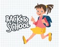 Back to school background with cute schoolgirl with school bag and calligraphy on checkered school notebook background. Royalty Free Stock Photo