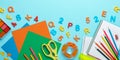 Back to school background. Plasticine, scissors, colored paper for crafts, pencils, notebook, ruler, plastic numbers and letters. Royalty Free Stock Photo