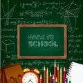 Back to school background with school supplies - blackboard, alarm clock, pencils, notepad on mathematical surface.