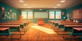 back to school background, showcasing a classroom setting with desks, chalkboards, and students engaged in learning Royalty Free Stock Photo