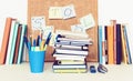 Back to school background. Stationery accessories Ã¢â¬â notebooks piles, plastic holder pencils, pens, markers, stickers, notepads,