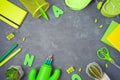 Back to school background with school supplies and cactus on blackboard. Top view from above Royalty Free Stock Photo