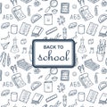 Back to School background with supplies. Sketchy notebook doodles backdrop with text Royalty Free Stock Photo