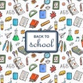 Back to School background with supplies. Sketchy notebook doodles backdrop with text Royalty Free Stock Photo