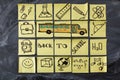 Back to school background with title Back to school, school bus and school attributes written on the pieces of paper