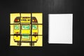 Back to school background with title `Back to school` and `school bus` written on the yellow pieces of paper and notebook