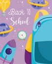 Back to school, backpack alarm clock rocket planets elementary education cartoon