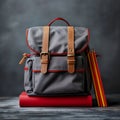 Back to school Backpack with books and pencils on gray background Royalty Free Stock Photo