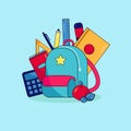 Back to school. Backpack, briefcase with school items. Autumn. Calculator, notebook, apple, pen, ruler