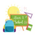 Back to school, backpack chalkboard ruler and book elementary education cartoon