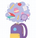 Back to school, backpack with clock books pencil ruler and apple, elementary education cartoon Royalty Free Stock Photo