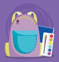 Back to school, backpack color palette and notebook elementary education cartoon