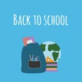 Back to school backpack illustration with study supplies on blue background Royalty Free Stock Photo