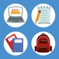 Back to school, backpack laptop paper pencil and notebooks elementary education icons