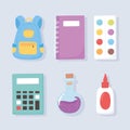 Back to school, backpack palette color glue calculator notebook chemistry flask icons education cartoon