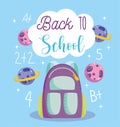 Back to school, backpack planets and arithmetic lesson elementary education cartoon Royalty Free Stock Photo