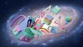 Back to School Backpack, School Supplies, Galaxy Background Royalty Free Stock Photo