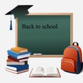 Back to school. Backpack and stationery on green chalkboard, vector illustration Royalty Free Stock Photo