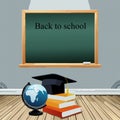 Back to school. Backpack and stationery on green chalkboard, vector illustration Royalty Free Stock Photo