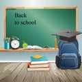 Back to school. Backpack and stationery on green chalkboard, vector illustration Royalty Free Stock Photo