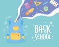 Back to school, backpack study elements education cartoon