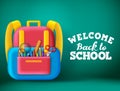 Back to school backpack vector design. Welcome back to school text with kids backpack bag element and colorful education supplies. Royalty Free Stock Photo
