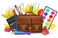 Back to school with bag pencils and other drawing tools Vector realistic. Detailed 3d illustrations