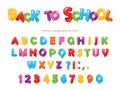 Back to school. Balloon colorful font for kids. Funny ABC letters and numbers. For birthday party, baby shower. Isolated on white.