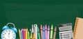 Back to school banner with alarm clock, crayon, note paper, pencil, scissors, ruler, sharpener on green chalkboard