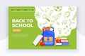 Back to school banner. Backpack, apple, books and school supplies on colorful background. Back to school education Royalty Free Stock Photo