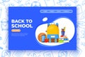 Back to school banner. Backpack, basketball ball, pen and school supplies on colorful background. Back to school Royalty Free Stock Photo