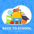 Back to school banner. Backpack, basketball ball, pen and school supplies on colorful background. Back to school Royalty Free Stock Photo